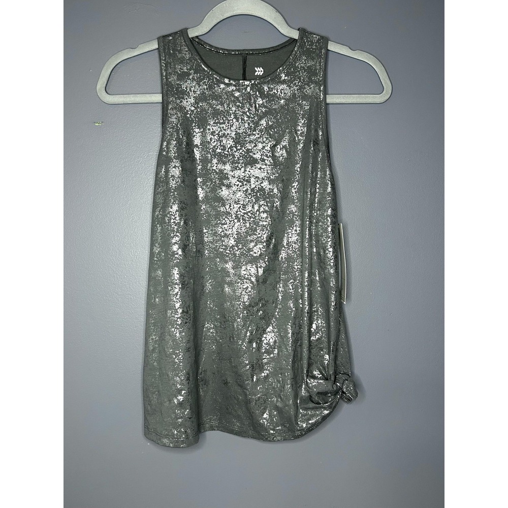 All In Motion Tank Top Womens S Gray Metallic Foil Side Tie Activewear Athletic